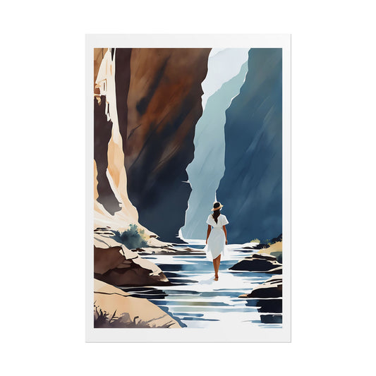 "Canyon Crossing" Watercolor Wall Art Print - Woman in White Wading Through a Canyon Stream - Desert Adventure Poster