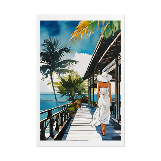 "Coastal Boardwalk" Watercolor Wall Art Print - Woman in White at Tropical Beach Restaurant - Seaside Dining Poster
