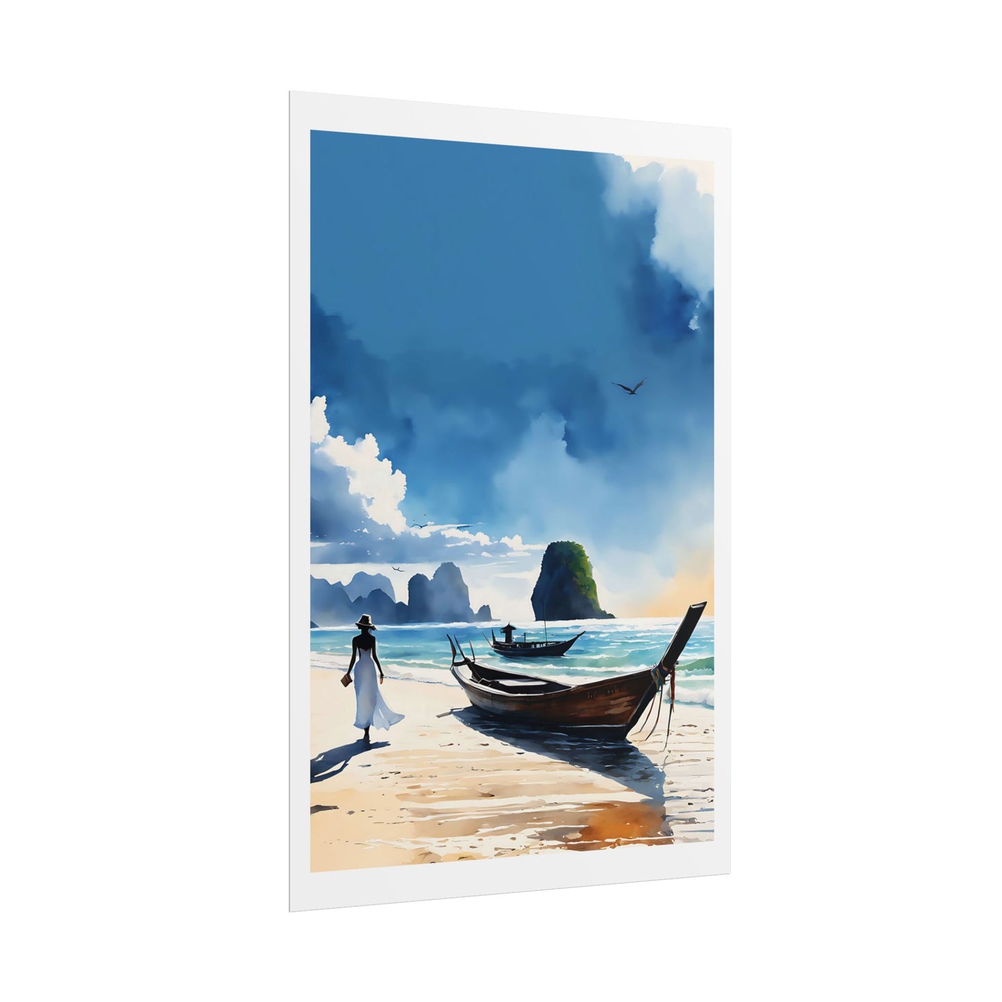"Andaman Dreams" Watercolor Wall Art Print - Woman in White at a Thai Beach with Longtail Boats - Island Paradise Poster