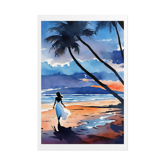“Sunset Wanderer” Watercolor Wall Art - Woman in White Dress Seaside Print - Beach Sunset Poster