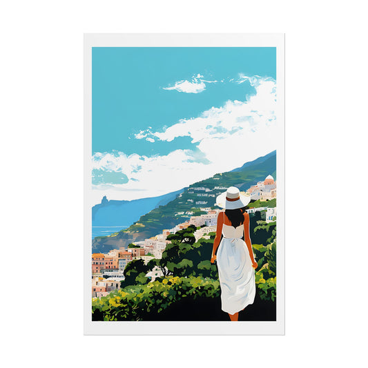 Illustration of a woman in a white dress and hat overlooking a coastal town with mountains.