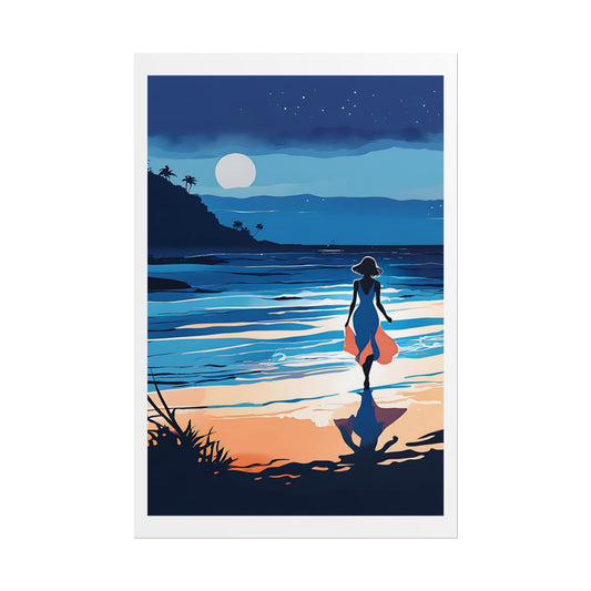 "Moonlit Shores" Watercolor Wall Art Print - Woman Walking a Tropical Beach Under Full Moon - Midnight Paradise Poster