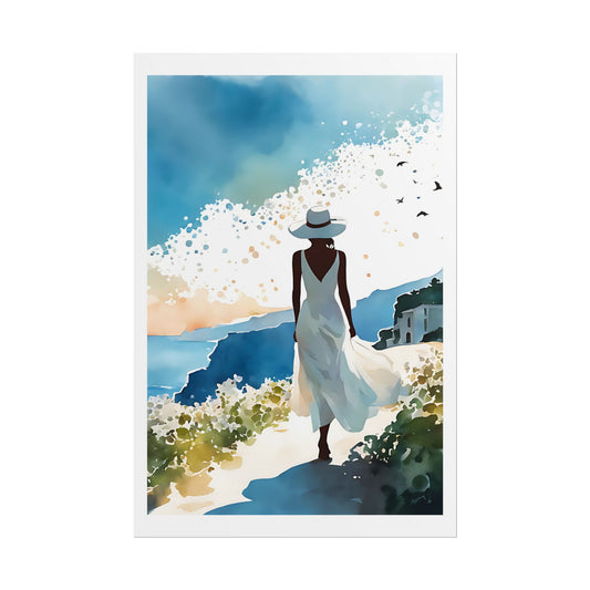 "Watercolor Dreams" Wall Art Print - Woman in White with Sun Hat on Mediterranean Coast - Painterly Coastal Poster