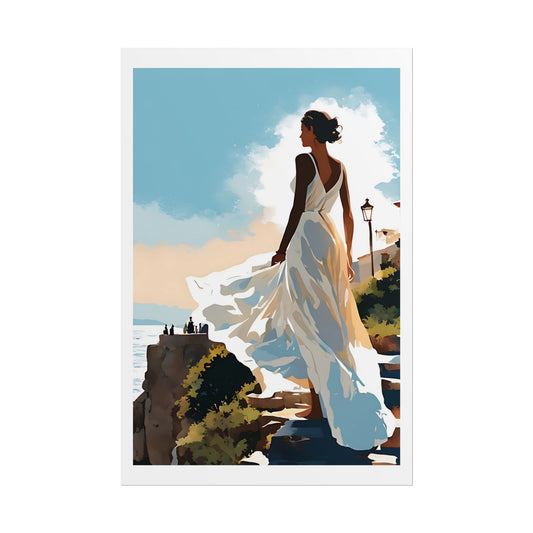 "Coastal Elegance" Watercolor Wall Art Print - Woman in Flowing White Gown Descending Stone Steps - Mediterranean Sunset Poster