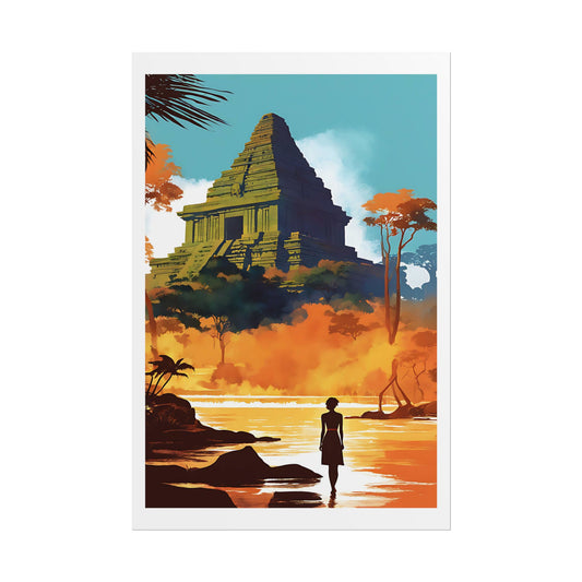 "River to the Forgotten Kingdom" Watercolor Wall Art Print - Woman Discovering Ancient Temple in the Jungle - Lost Civilisation Poster