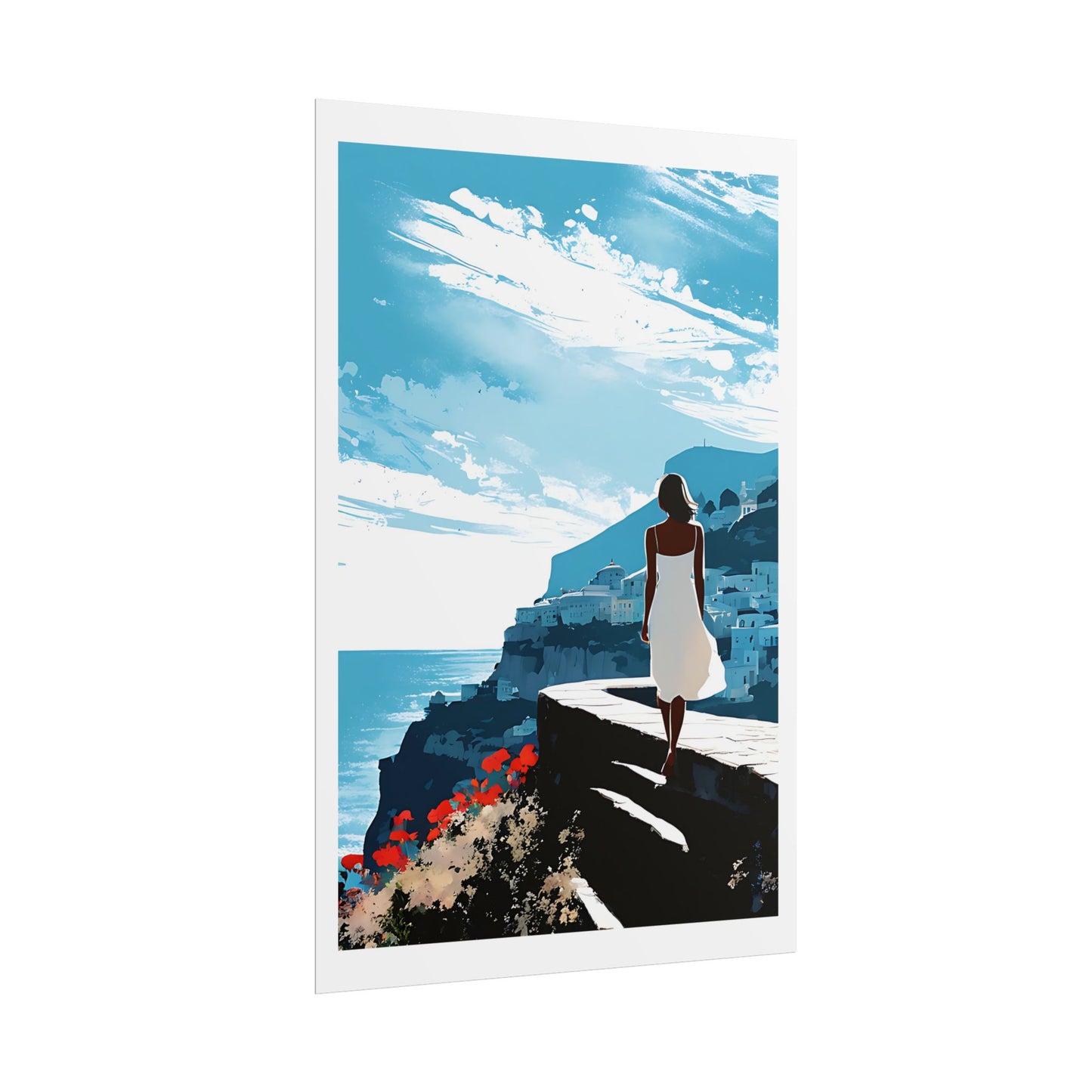 "Aegean Cliffs" Watercolor Wall Art Print - Woman in White on Greek Island Path - Mediterranean Seaside Village Poster