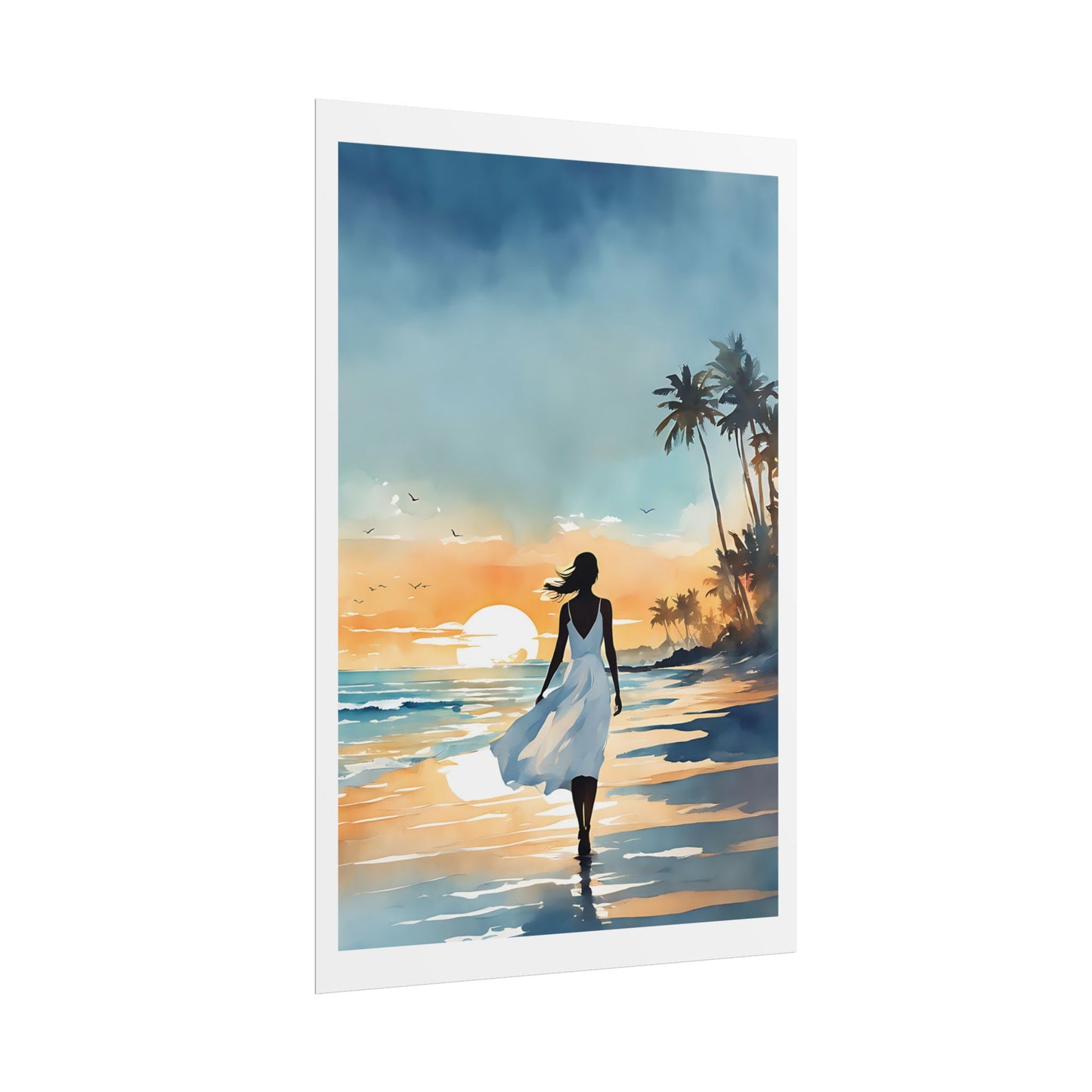 "Amber Shores" Watercolor Wall Art Print - Woman in White Walking Beach at Sunset - Tropical Evening Poster