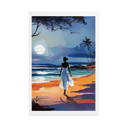 “Moonlight Wanderer” Watercolor Wall Art - Woman in White Dress Seaside Print