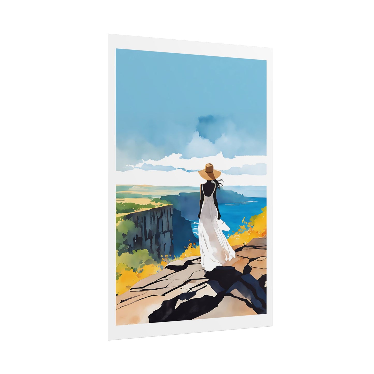 "Autumn by the Sea" Watercolor Wall Art Print - Woman on Golden Cliffs Overlooking the Ocean - Coastal Wanderlust Poster