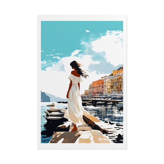 "Capri Harbour Dreams" Watercolor Wall Art Print - Woman in White Gazing at Mediterranean Boats - Italian Coastal Village Poster