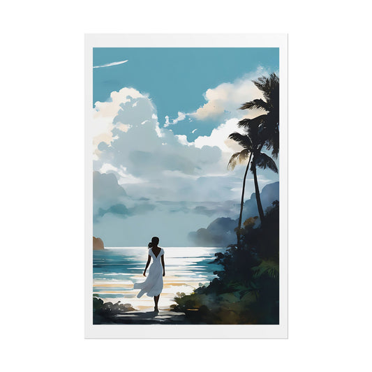 "Bay of Dreams" Watercolor Wall Art Print - Woman in White Overlooking Tropical Lagoon - Island Vista Poster
