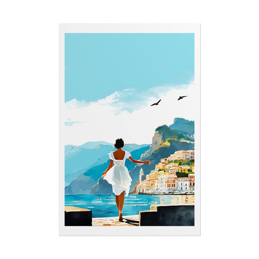 "Harbour Breeze" Watercolor Wall Art Print - Woman in White on Mediterranean Pier - Italian Coastal Village with Sailboats Poster