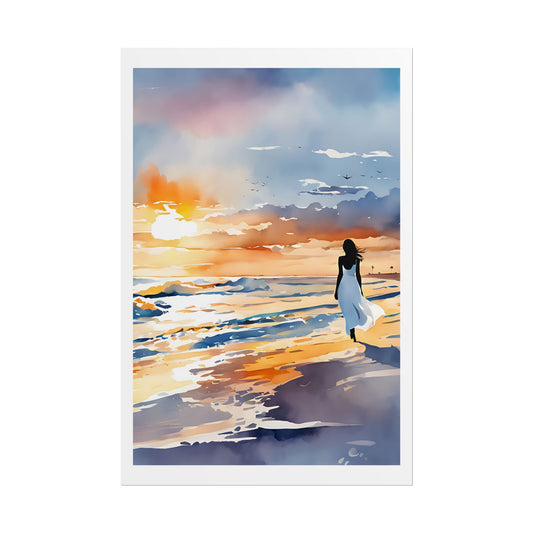"Sunset Reflections" Watercolor Wall Art - Woman in White Dress Beach Sunset Print - Golden Hour Poster