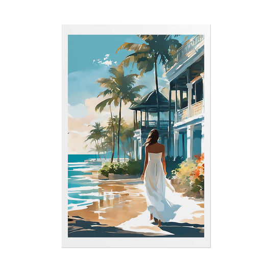 "Colonial Shores" Watercolor Wall Art - Woman in White Dress Beach Resort Print - Caribbean Paradise Poster