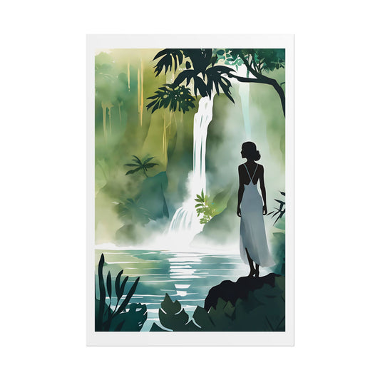 "Jungle Sanctuary" Watercolor Wall Art Print - Woman in White at a Hidden Waterfall - Tropical Paradise Poster