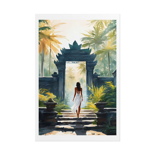 "Gateway to the Sacred" Watercolor Wall Art Print - Woman Entering an Ancient Balinese Temple - Jungle Sanctuary Poster