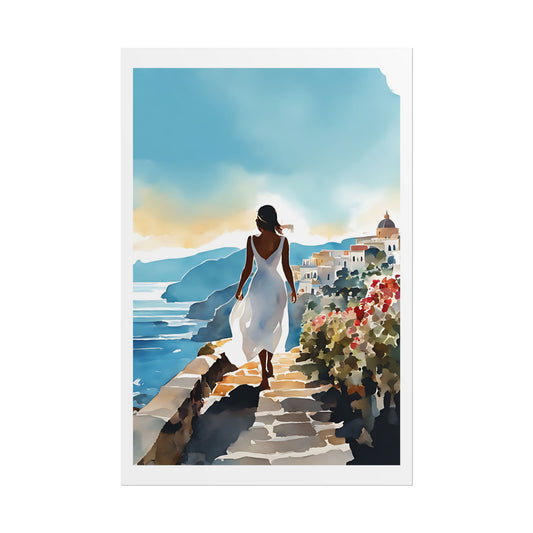 "Bougainvillea Path" Watercolor Wall Art Print - Woman in White Walking Mediterranean Stone Path - Greek Island Village Poster