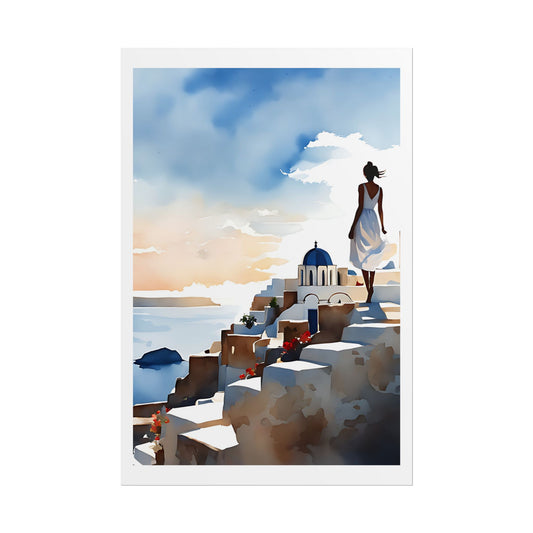 "Santorini Sunset Steps" Watercolor Wall Art Print - Woman in White Ascending Blue-Domed Village - Greek Island Poster