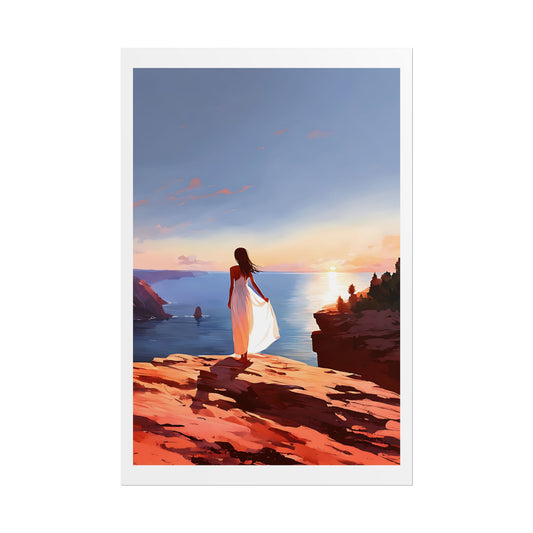 "Sails on the Horizon" Watercolor Wall Art Print - Woman Watching Sunset from Red Rock Cliffs - Seafarer's Dream Poster
