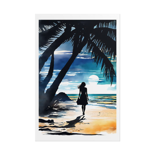 “Twilight Escape” Watercolor Wall Art Print - Silhouette by the Shore - Beach Sunset Poster