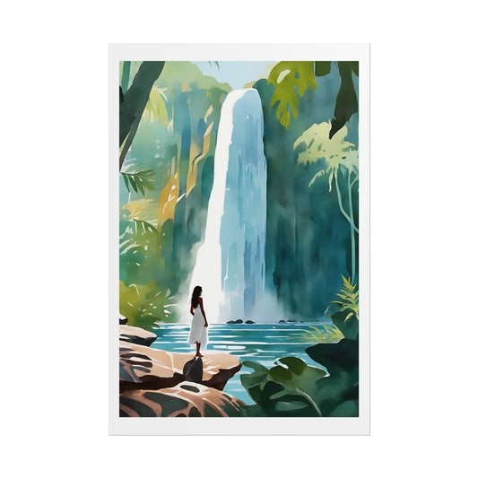 "Hidden Waterfall" Watercolor Wall Art Print - Woman in White at Jungle Pool Cascade - Tropical Paradise Poster