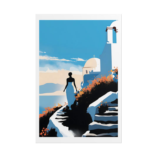 "Santorini Bell Tower" Watercolor Wall Art Print - Woman in White on Flower-Lined Steps - Greek Island Church Poster