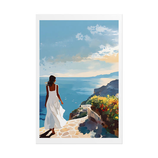 "Flowering Coast" Watercolor Wall Art Print - Woman in White Overlooking Mediterranean Hillside - Italian Village in Bloom Poster