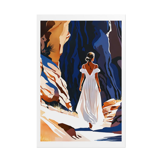"Slot Canyon Journey" Watercolor Wall Art Print - Woman in White Exploring Desert Gorge - Southwest Adventure Poster