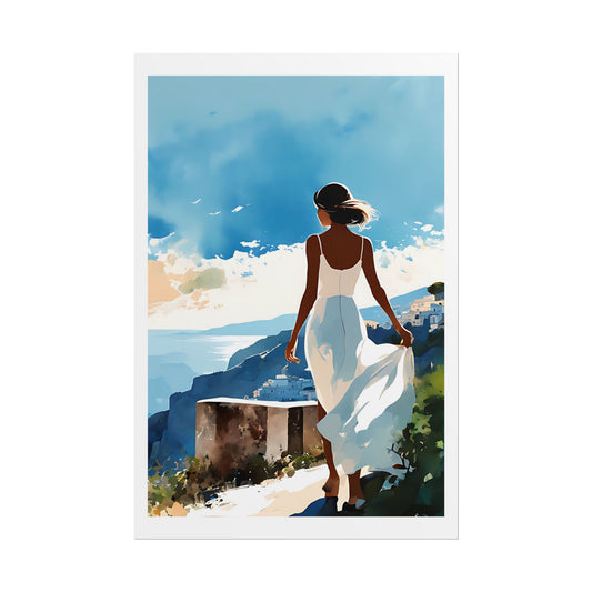"Mediterranean Wind" Watercolor Wall Art Print - Woman in White on Coastal Hillside - Greek Island Village Poster
