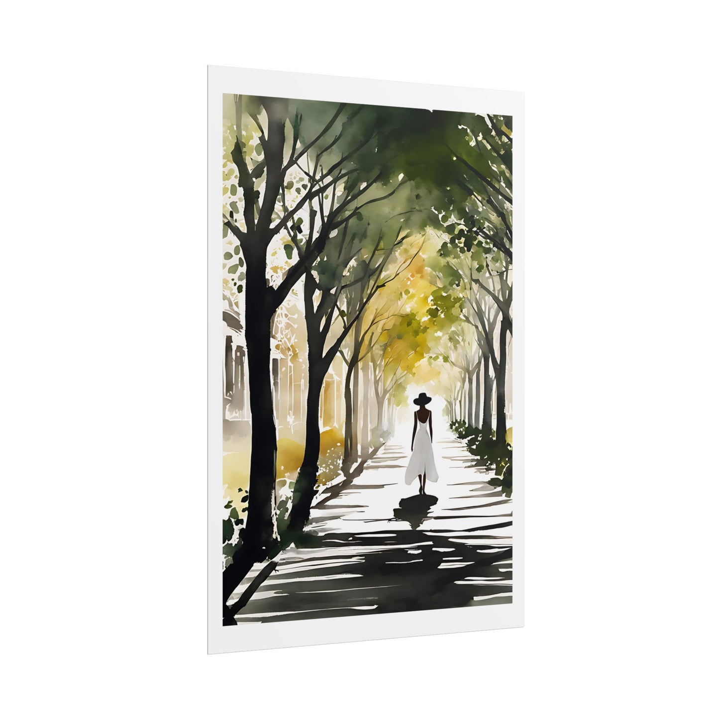 "Autumn Avenue" Watercolor Wall Art Print - Woman in White Walking Tree-Lined Path - Fall Promenade Poster
