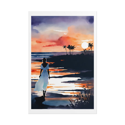 “Embers of Dusk” Watercolor Wall Art Print - Woman in White by the Sea - Beach Sunset Poster