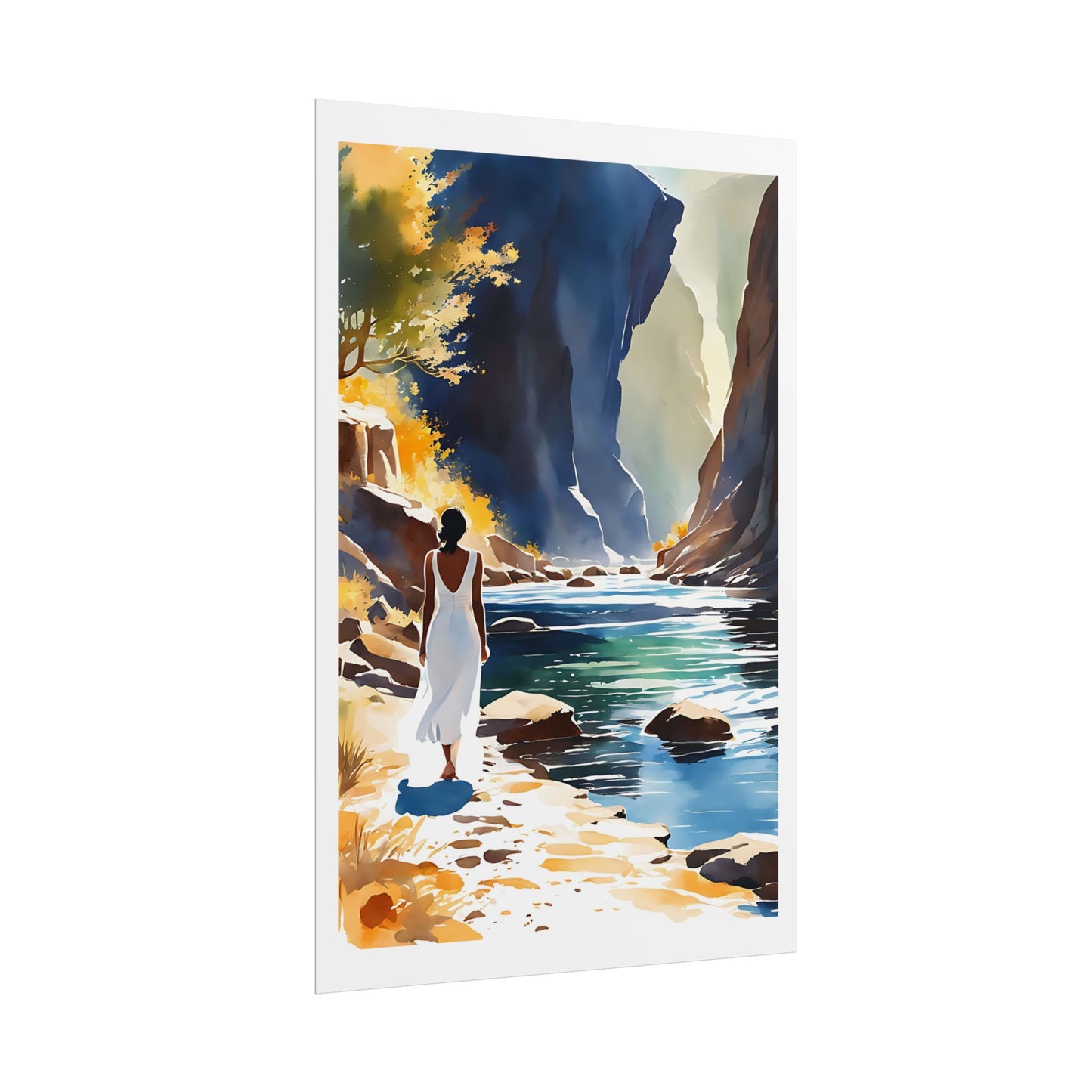 "Autumn Canyon" Watercolor Wall Art Print - Woman in White by a Canyon River in Fall - Golden Leaves Poster