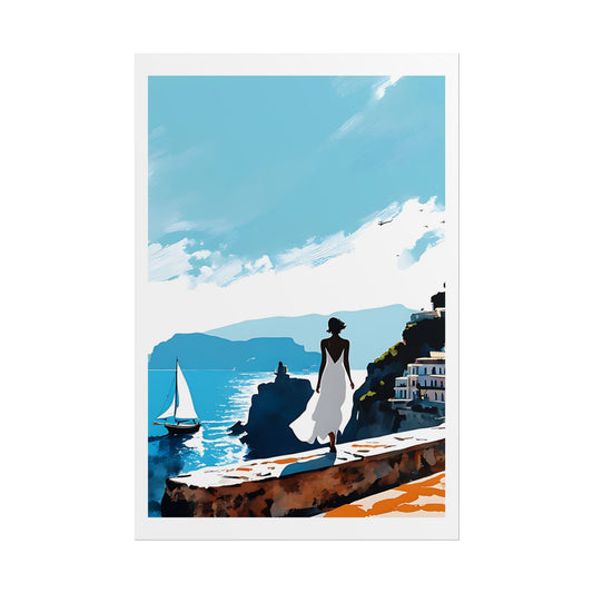 "Positano Lamplight" Watercolor Wall Art Print - Woman in White by Vintage Street Lamp - Italian Coastal Village Poster