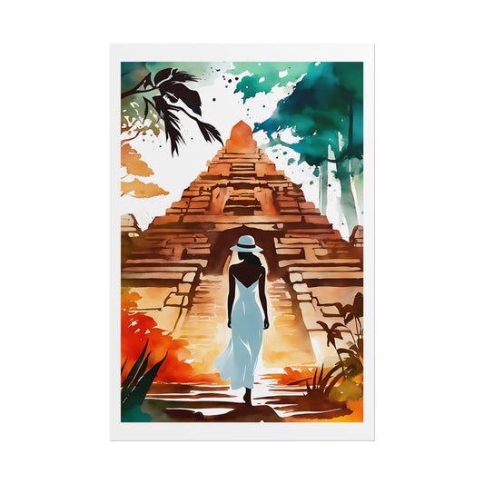 "Lost City Rising" Watercolor Wall Art Print - Woman Discovering an Ancient Pyramid in the Jungle - Temple Explorer Poster