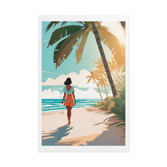 "Paradise Found" Watercolor Wall Art Print - Woman Strolling a Palm-Lined Tropical Beach - Summer Escape Poster