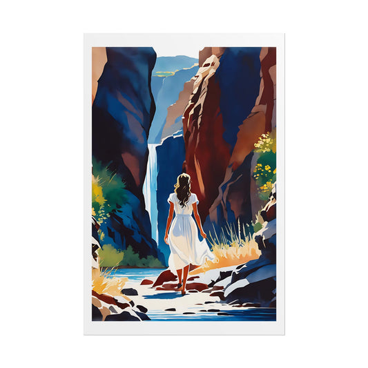 "Canyon Waterfall" Watercolor Wall Art Print - Woman in White Discovering a Hidden Falls - Desert Gorge Poster