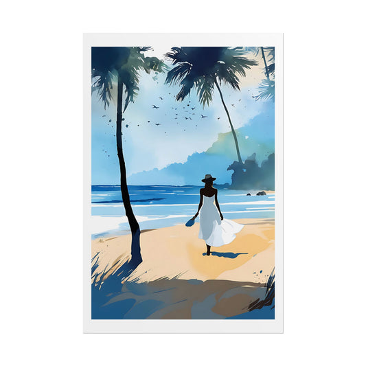 “Sunny Escape” Coastal Watercolor Wall Art - Woman in White Dress Seaside Print