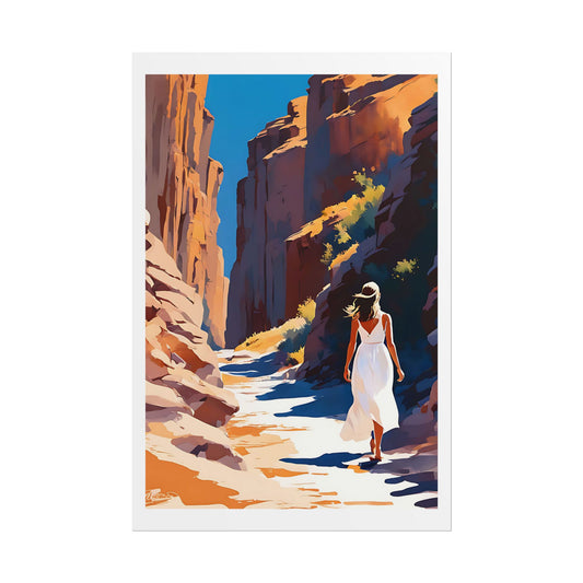 "Canyon Wanderer" Watercolor Wall Art Print - Woman in White Exploring Desert Gorge - Southwest Adventure Poster