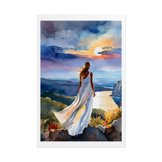 “Quiet Horizon” Watercolor Wall Art Print - Woman in White by the Cliff - Coastal Sunset Poster