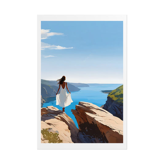 "The Hidden Cove" Watercolor Wall Art Print - Woman Overlooking a Brilliant Blue Bay - Coastal Discovery Poster
