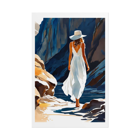 "Mountain Pass" Watercolor Wall Art Print - Woman in White Exploring a Rocky Canyon - Wilderness Adventure Poster