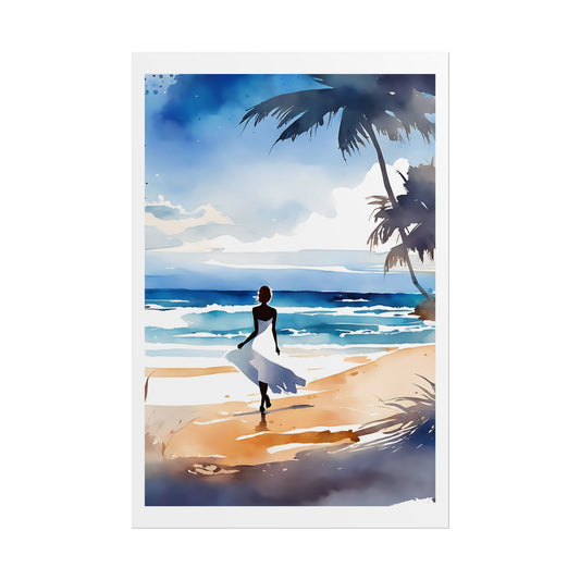 “White Dress Reverie” Watercolor Wall Art - Woman in White Dress Seaside Print - Beach Poster