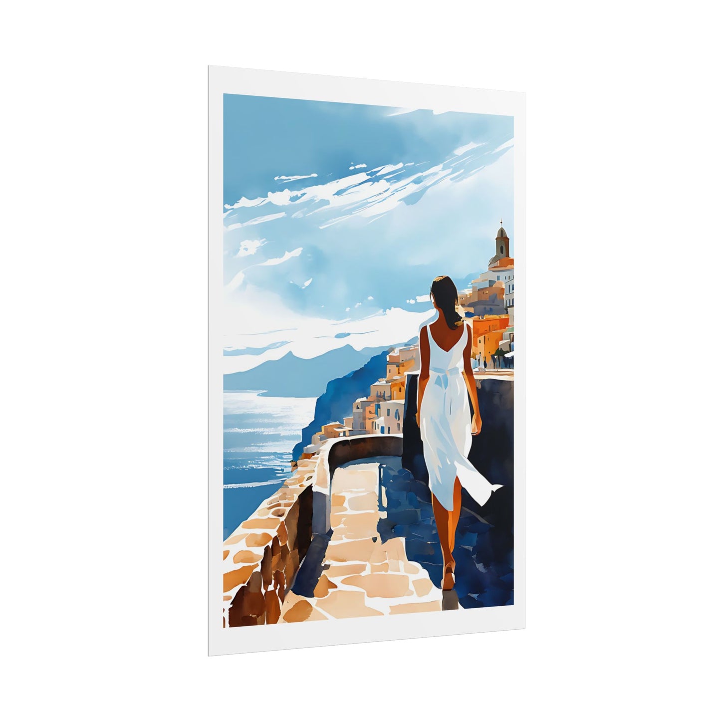 "Amalfi Promenade" Watercolor Wall Art Print - Woman in White Walking the Italian Coast - Mediterranean Cliffside Village Poster