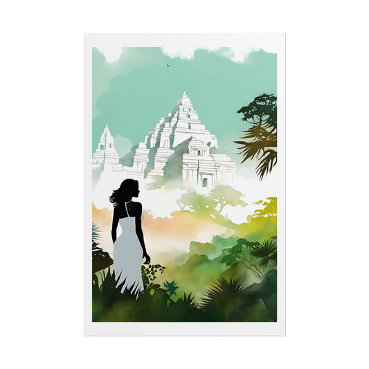 "Temple in the Mist" Watercolor Wall Art Print - Woman Gazing at Ancient Ruins in a Tropical Jungle - Ethereal Explorer Poster
