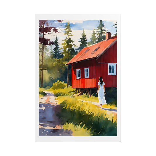 "Nordic Summer Cottage" Watercolor Wall Art Print - Woman in White at Swedish Red Cabin - Scandinavian Forest Poster