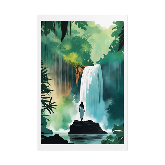 "Waterfall Wonder" Watercolor Wall Art Print - Woman in White at a Majestic Jungle Waterfall - Tropical Paradise Poster