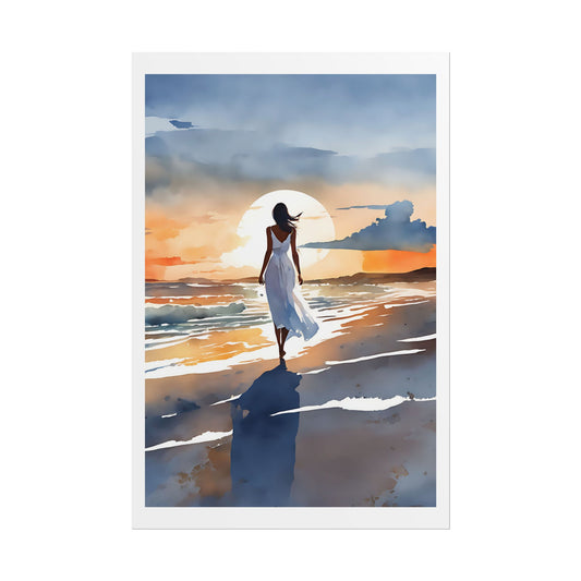 “Golden Silence” Watercolor Wall Art Print - Woman in White by the Sea - Beach Sunset Poster
