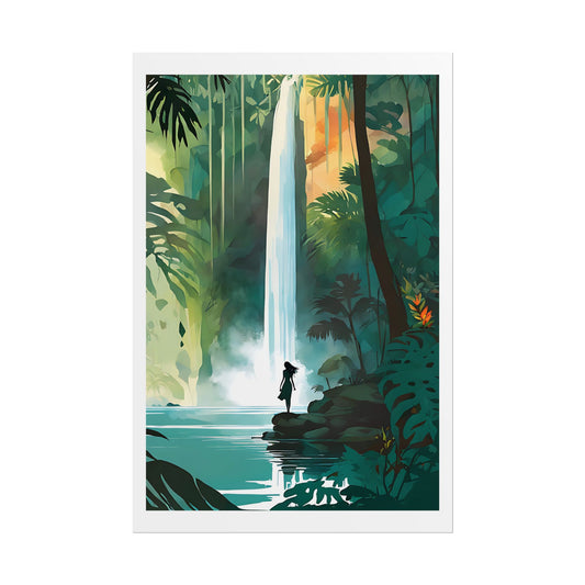 "Rainforest Retreat" Watercolor Wall Art Print - Woman in White at a Hidden Jungle Waterfall - Tropical Paradise Poster