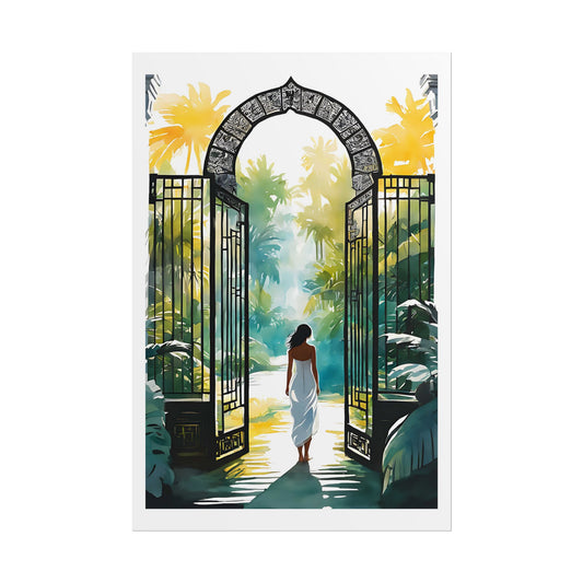 "The Secret Garden Gate" Watercolor Wall Art Print - Woman Entering a Tropical Paradise - Enchanted Entrance Poster