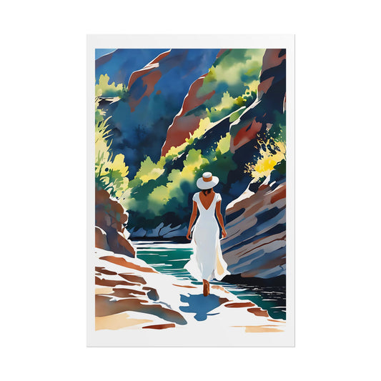 "Hidden Gorge" Watercolor Wall Art Print - Woman in White Exploring a Canyon River - Nature Adventure Poster